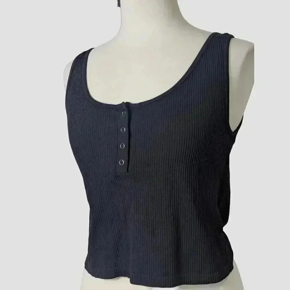 Aeropostale Womens Black Seamless Ribbed Cropped Tank Top Snap Buttons Size XL - Picture 2 of 5